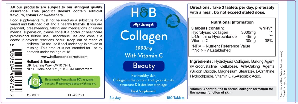 Holland & Barrett Bovine Collagen Tablet 3000mg - Type I Collagen Peptides - Hydrolysed Collagen with Vitamin C - Hair, Skin & Nails Holland & BarrettAu supplements