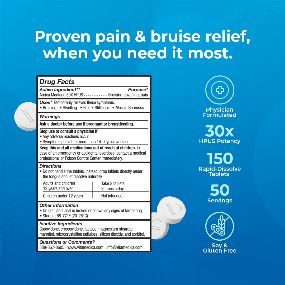 VitaMedica Arnica Montana 30X Rapid Dissolve Arnica Tablets for Natural Pain, Bruising, and Swelling Support - Homeopathic Medicine for Injury and Surgery Recovery - 150 Ct - 50 Servings VitaMedicaAu supplements