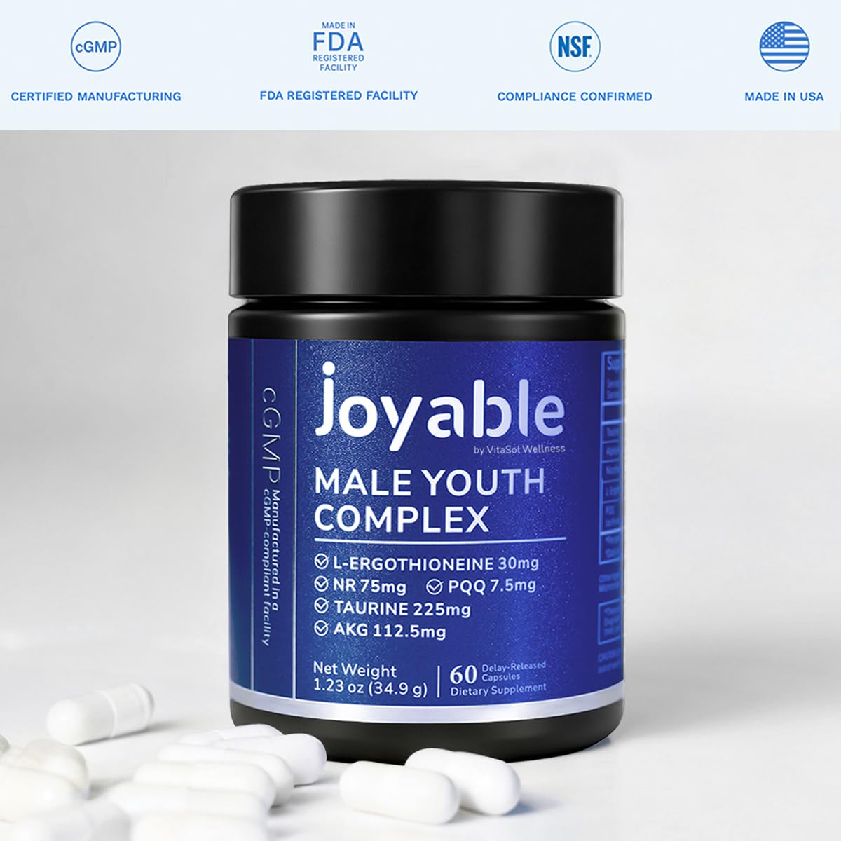 joyable by VitaSol Wellness - Male Youth Complex – Cellular Energy & Healthy Aging Support Supplement with NR, PQQ & Ergothioneine | 60 Capsules joyable by VitaSol WellnessAu supplements