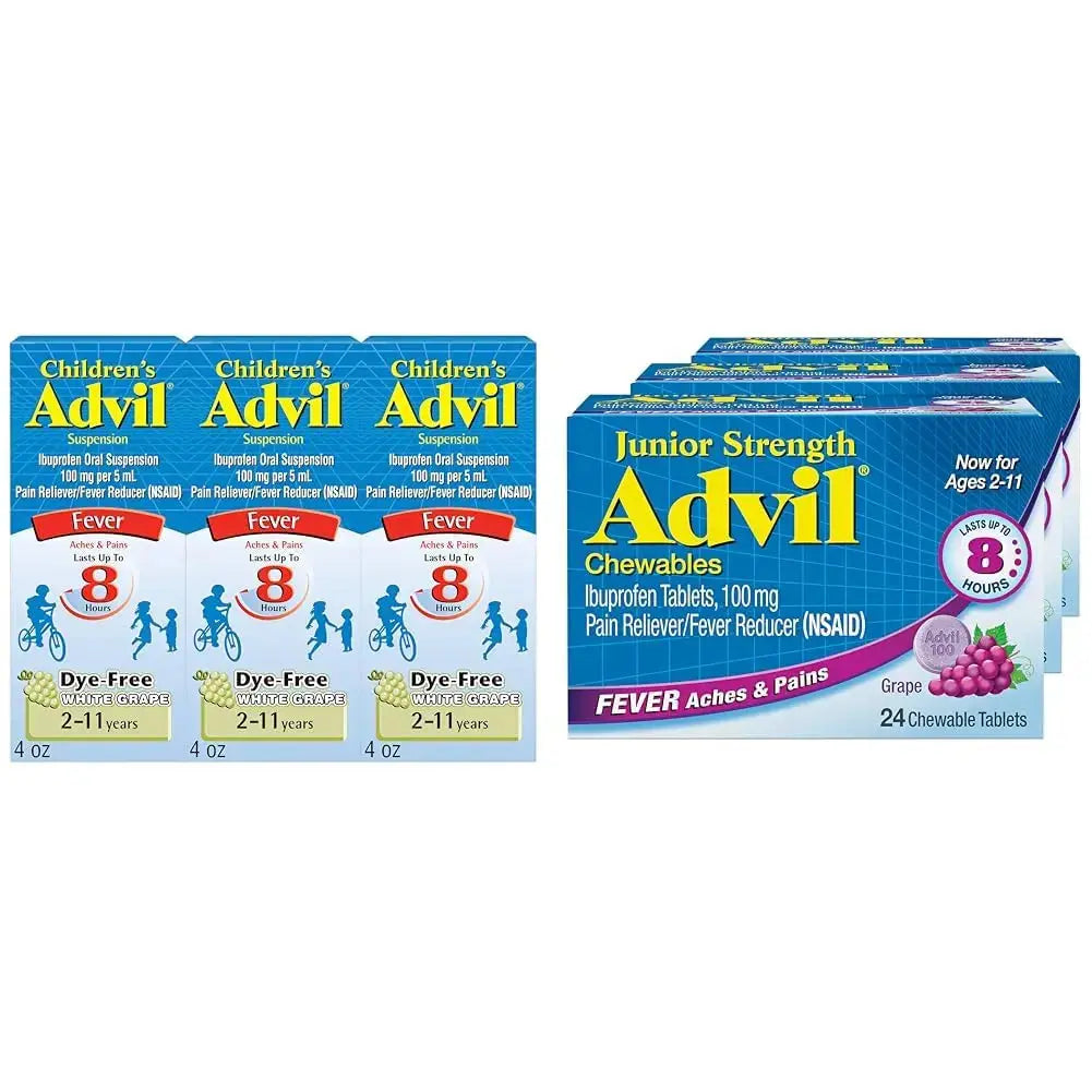 Advil Children's Pain Reliever and Fever Reducer, Dye Free Liquid Ibuprofen for Children (Pack of 3) and Advil Junior Strength Chewable Ibuprofen Pain Reliever and Fever Reducer, Grape Flavored Tablets for Children (Pack of 3) AdvilAu supplements