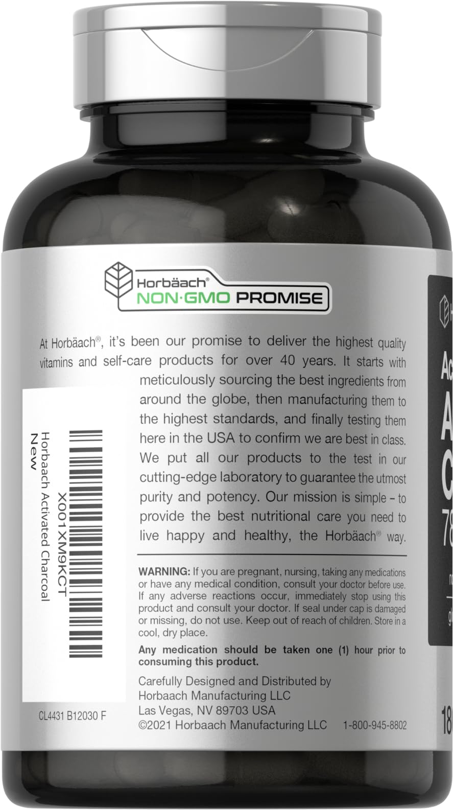 Charcoal Pills 780mg | 180 Capsules | Activated Charcoal from Coconut Shells | Non-GMO HorbäachAu supplements