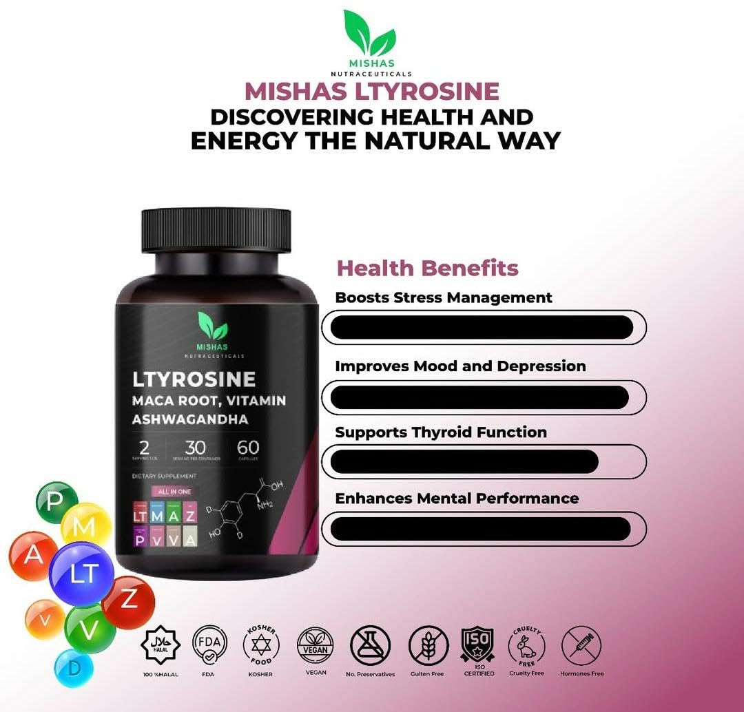 Mishas Nutraceuticals L-Tyrosine with Maca Root, Ashwagandha & Vitamins Complex – Energy, Mental Focus, Stress Relief & Immunity Support – 60 Capsules (30 Servings) MishasAu supplements