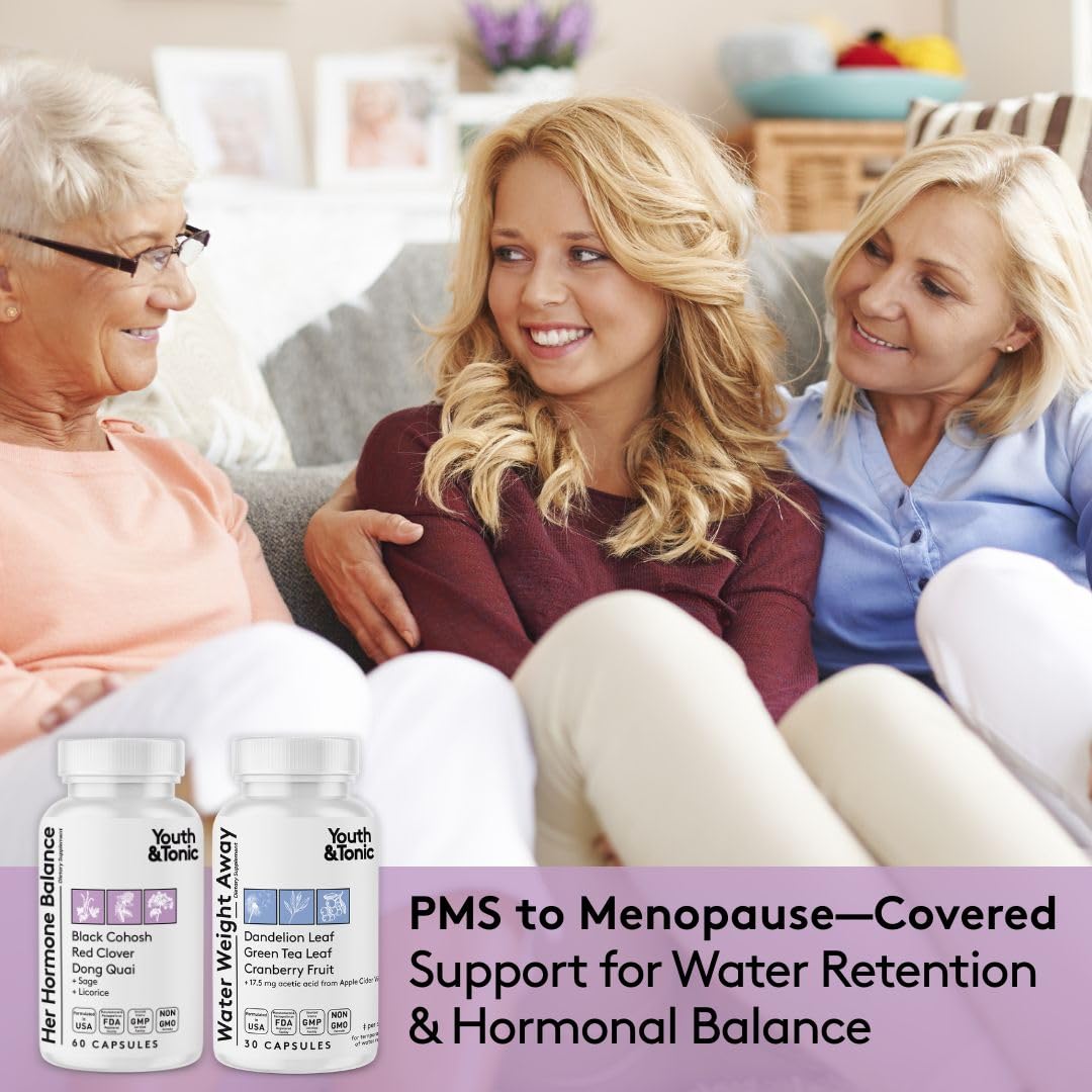 Youth & Tonic PMS & Menopause Bloating Relief Duo – Support for Puffiness, Hormonal Balance & Fluid Retention – Her Hormone Balance + Water Weight Away Natural Herbs for Women, 90 Capsules Youth & TonicAu supplements