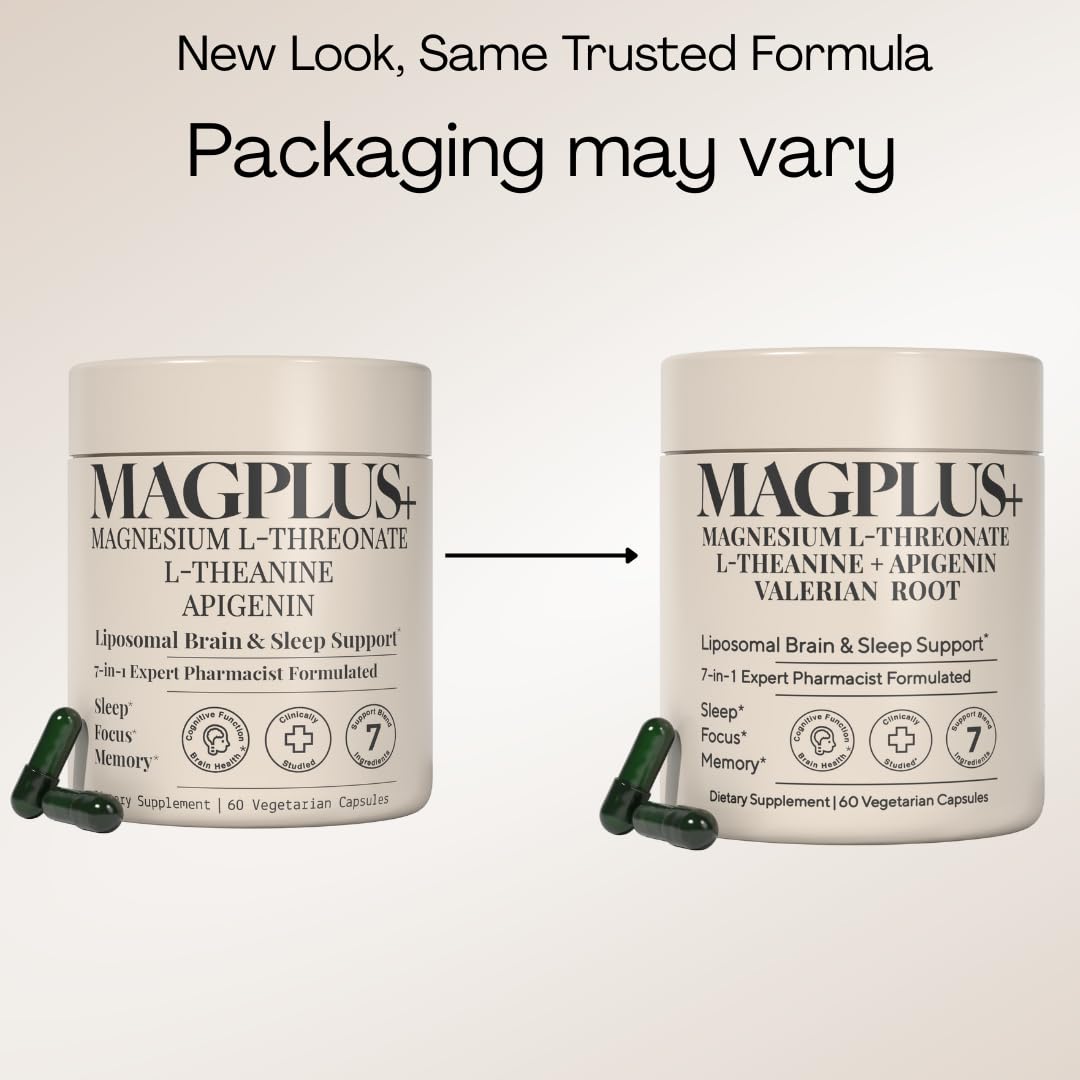 MAGPLUS+ Magnesium L-Threonate w Apigenin & L Theanine | 7-Ingredient Sleep Blend | Brain, Memory, & Sleep Support | Liposomal Magnesium Threonate Supplement (60 Capsules) Plus+UltraAu supplements
