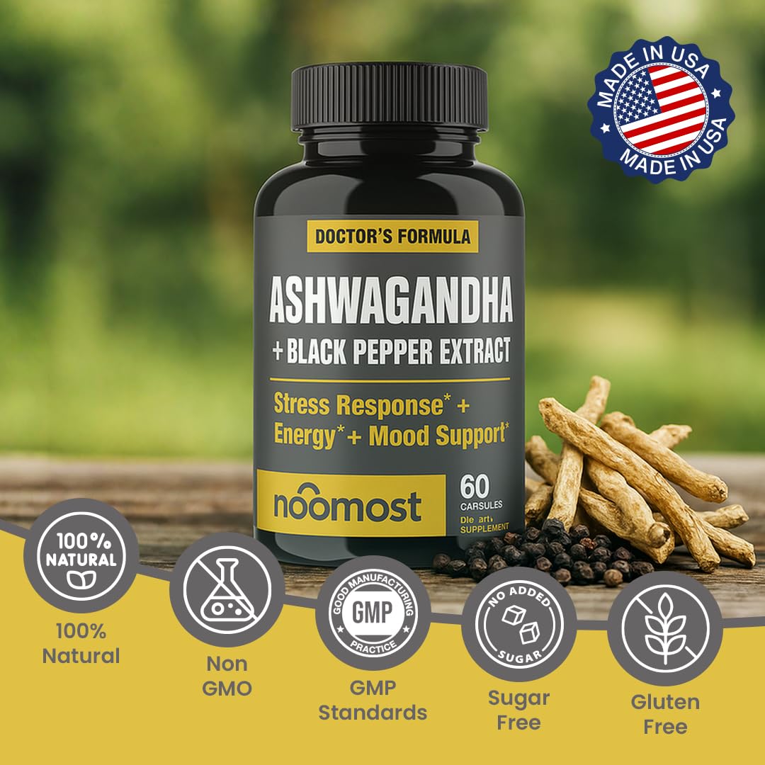 NooMost Organic Ashwagandha 400mg Capsules w/Black Pepper Extract as Vegan Ashwagandha Supplements for Anti Stress Relief, Natural Mood Support, Energy & Focus-60 Capsules NooMostAu supplements
