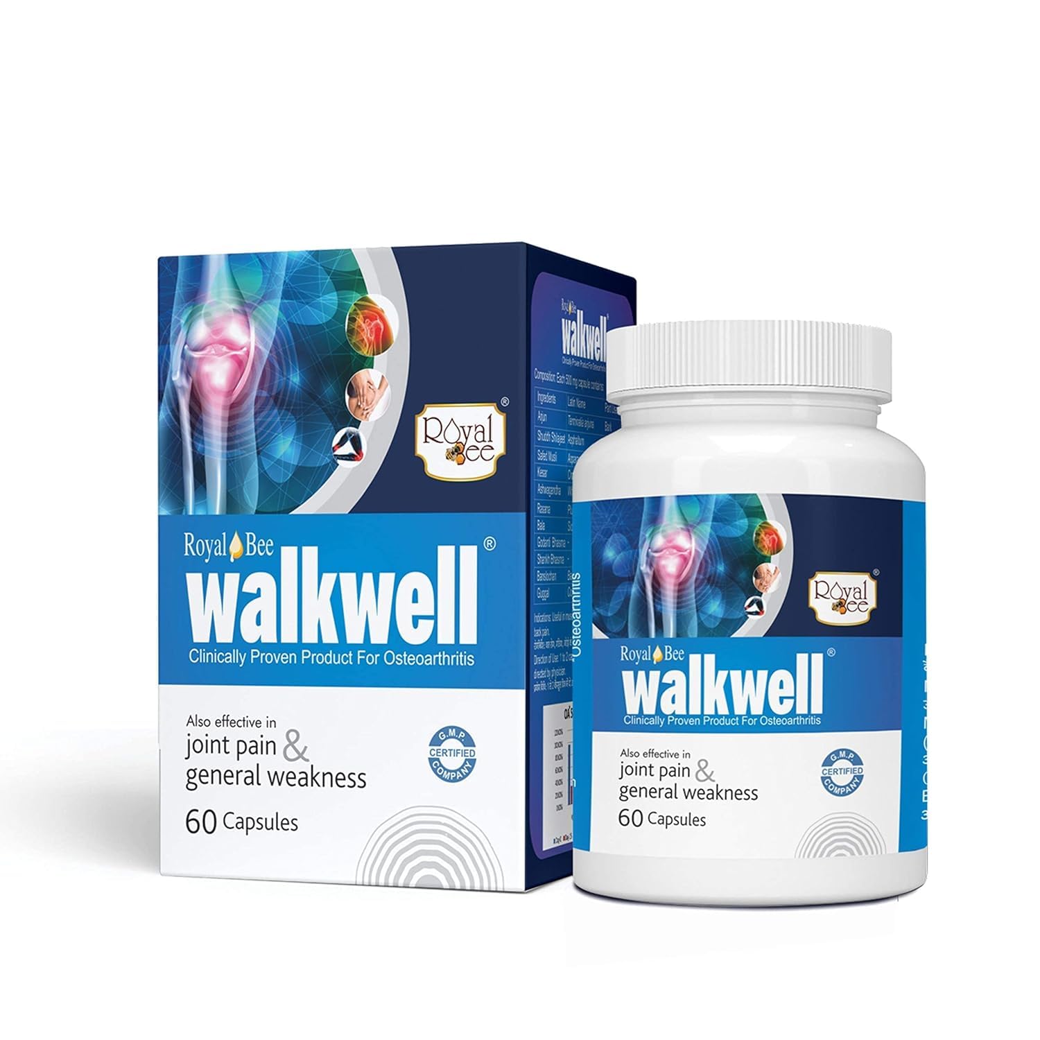Royal Bee Walkwell Capsules – 60 Capsules – Supports Joint Pain & Inflammation Relief · Useful in Osteoarthritis · Promotes Flexibility & Mobility · Clinically Studied Herbal Ingredients GenericAu supplements