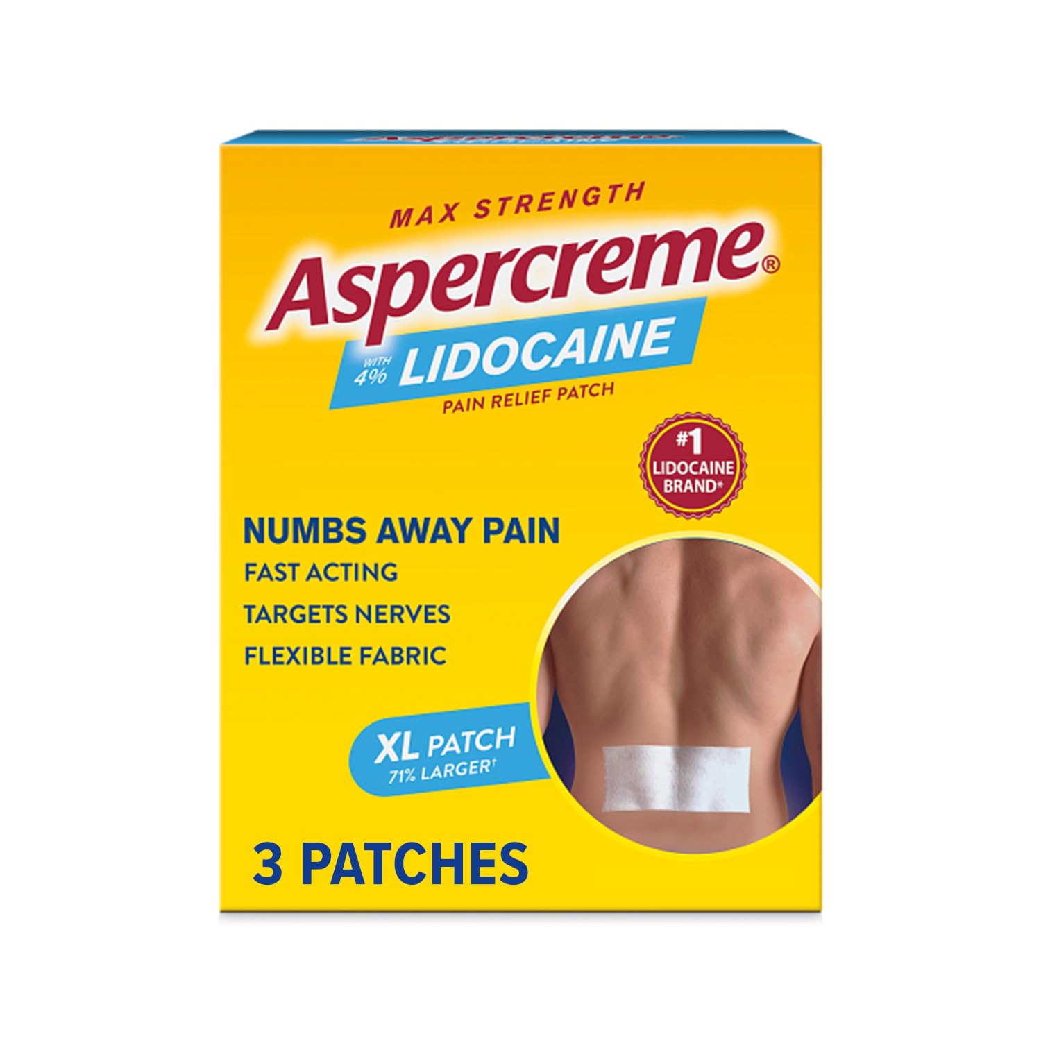 Aspercreme Lidocaine Pain Relief Patch XL for Back, Neck & Shoulder Pain, Topical Patches with Max-Strength 4% Lidocaine & Flexible Fabric Numbs Away Pain, 3 Ct. AspercremeAu supplements