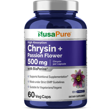 NusaPure Chrysin 500mg, 60 Veggie Capsules | Passion Flower Complex 500mg Supplement | 5, 7-Dihydroxyflavone | Concentrated Extract | Non-GMO, BioPerine & Vegan NusaPureAu supplements