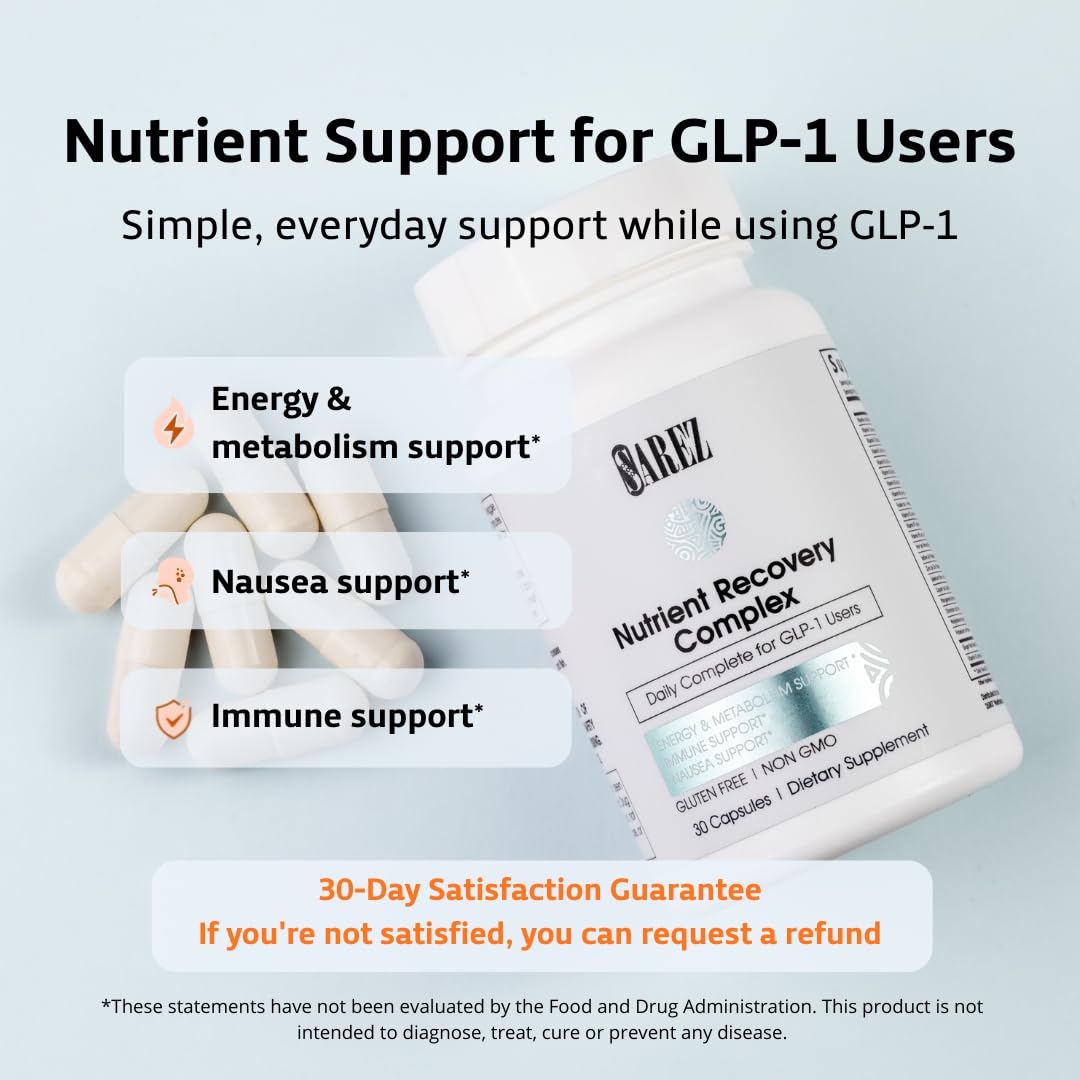 Sarez GLP-1 Support Capsules — Methylated Vitamins & Chelated Minerals — Energy, Metabolism, Hair & Daily Nutrient Support — with Ginger for Nausea — Gentle on Stomach — 30 Day Supply SarezAu supplements