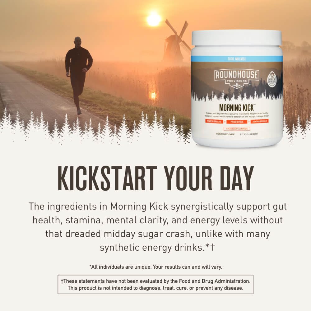 ROUNDHOUSE PROVISION Morning Kick, Greens Superfood Powder Supplement with Ashwagandha, Collagen & Probiotics - Sugar Free, Caffeine Free (3 Pack, Strawberry Lemonade Flavor) by Chuck Norris ROUNDHOUSE PROVISIONAu supplements