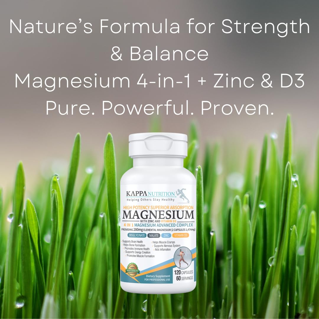 Kappa Nutrition Magnesium 4-in-1, 280mg Elemental Magnesium (Bisglycinate, Malate) + Zinc & Vitamin D3, Brain, Sleep, Energy, Muscle, Immune Support, 120 Vegan Capsules. KAPPA NUTRITIONAu supplements
