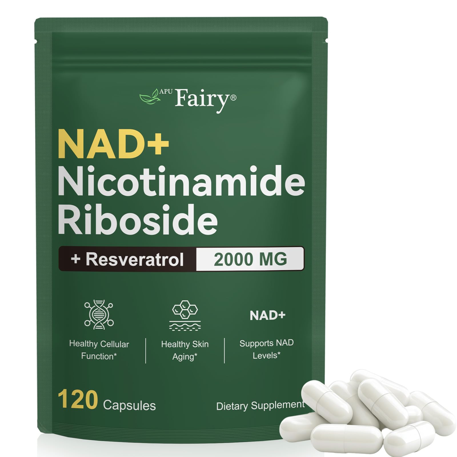 APU.FAIRY NAD Supplement,NAD Nicotinamide Riboside,Extra Strength NAD Alternative Liposomal,Boost NAD & Resveratrol + for Women & Men,Energy Anti-Aging,Cell Regeneration,120 Capsules sack-120 APU.FAIRYAu supplements