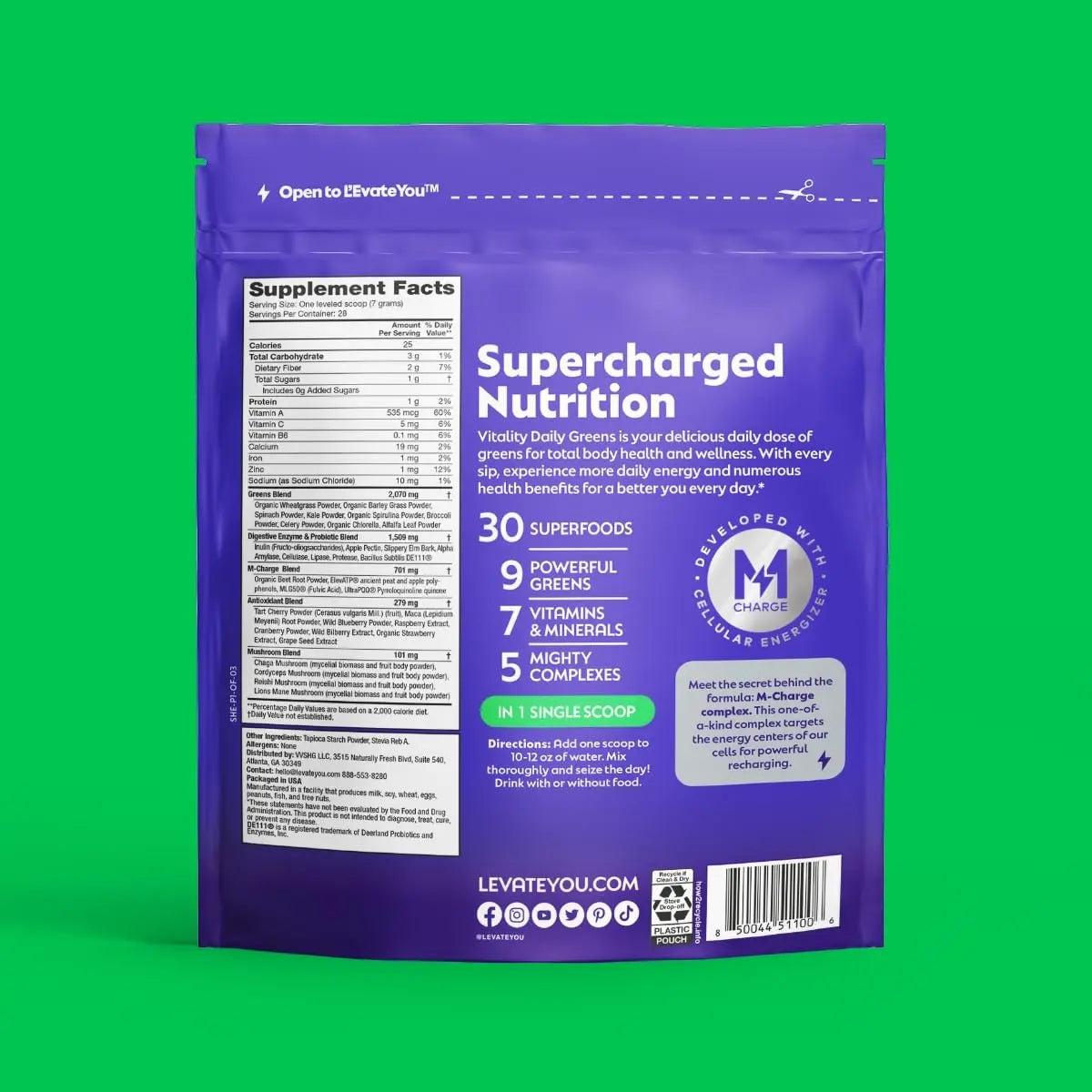 L'Evate You Vitality Daily Greens Powder (28 Servings) 30 Superfoods, 9 Greens - for a Cellular Energy Boost, Powered by M-Charge Complex for All Day Energy (Original) Steve Harvey's L'Evate Younz supplements