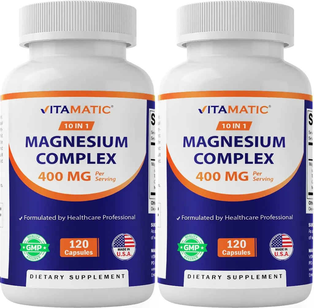 Vitamatic Magnesium Complex, 400mg Elemental MG (as Bisglycinate, Citrate, Taurate, Malate, Aspartate, Oxide, Gluconate, Lysinate Glycinate, Orotate, Succinate) - 120 Capsules per Pack - 2 Pack VitamaticAu supplements