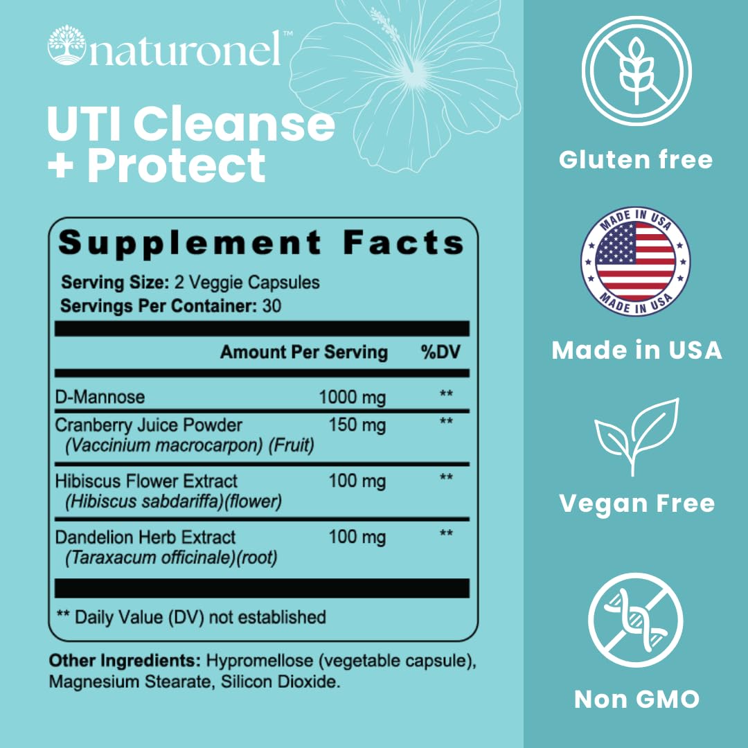 Naturonel UTI Cleanse + Protect – Urinary Tract Support with D-Mannose, Cranberry, Hibiscus & Dandelion | Advanced Formula, Dietary Supplement - Non-GMO, Made in USA, GMP Certified (1) NaturonelAu supplements