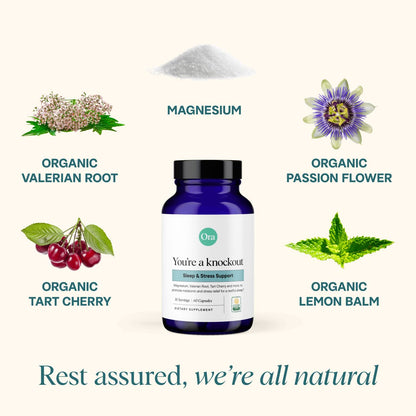 Ora Organic Natural Sleep Aid Supplement Stress Support Calming Herbal Blend with Melatonin from Tart Cherry - Includes Magnesium Citrate, Valerian Root, and Lemon Balm - 1 Month Supply, 60 Capsules Ora OrganicUS supplements