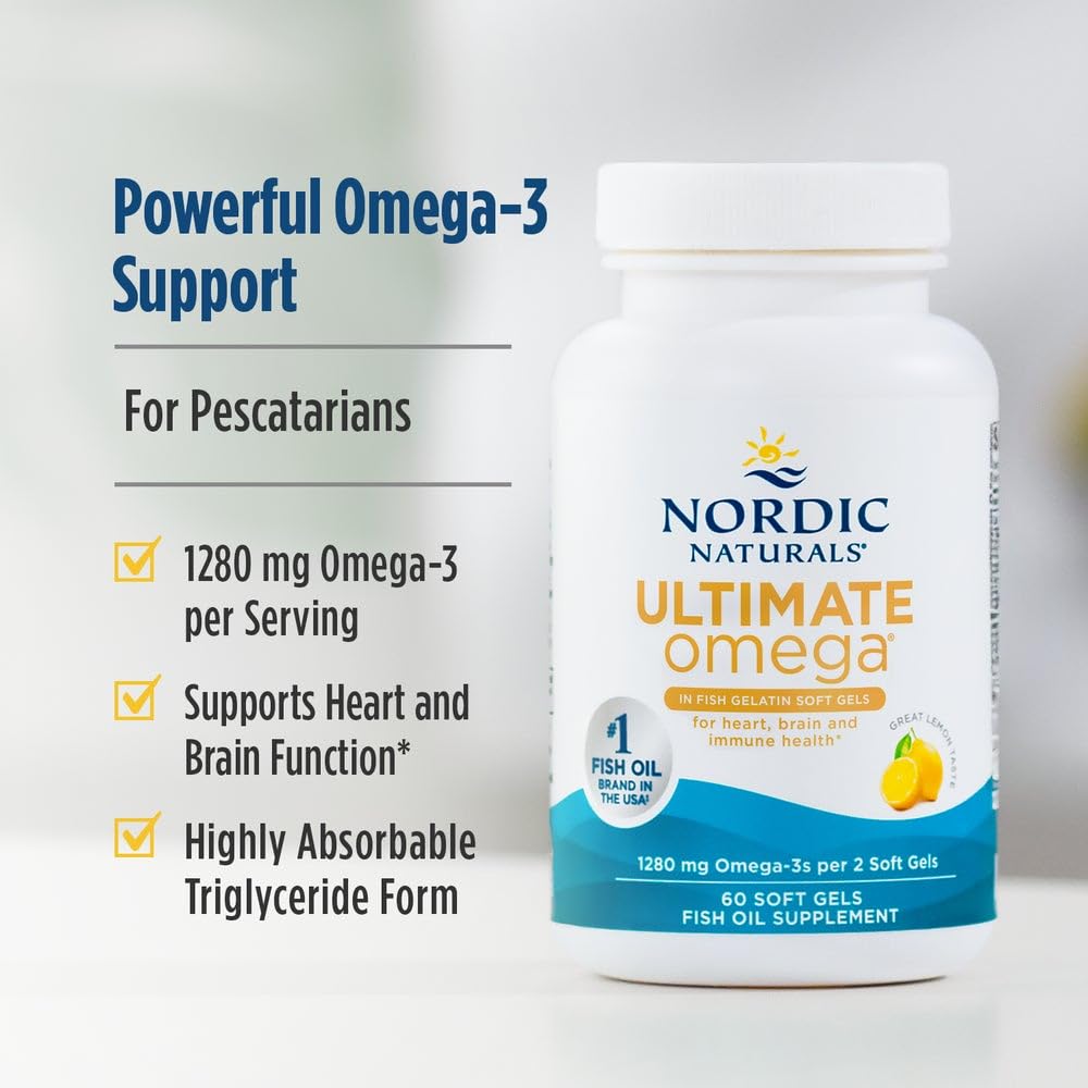 Nordic Naturals Ultimate Omega in Fish Gelatin, Lemon Flavor - 60 Soft Gels - 1280 mg Omega-3 - High-Potency Fish Oil Supplement - EPA & DHA - Promotes Brain & Heart Health - Non-GMO - 30 Servings Nordic NaturalsAu supplements