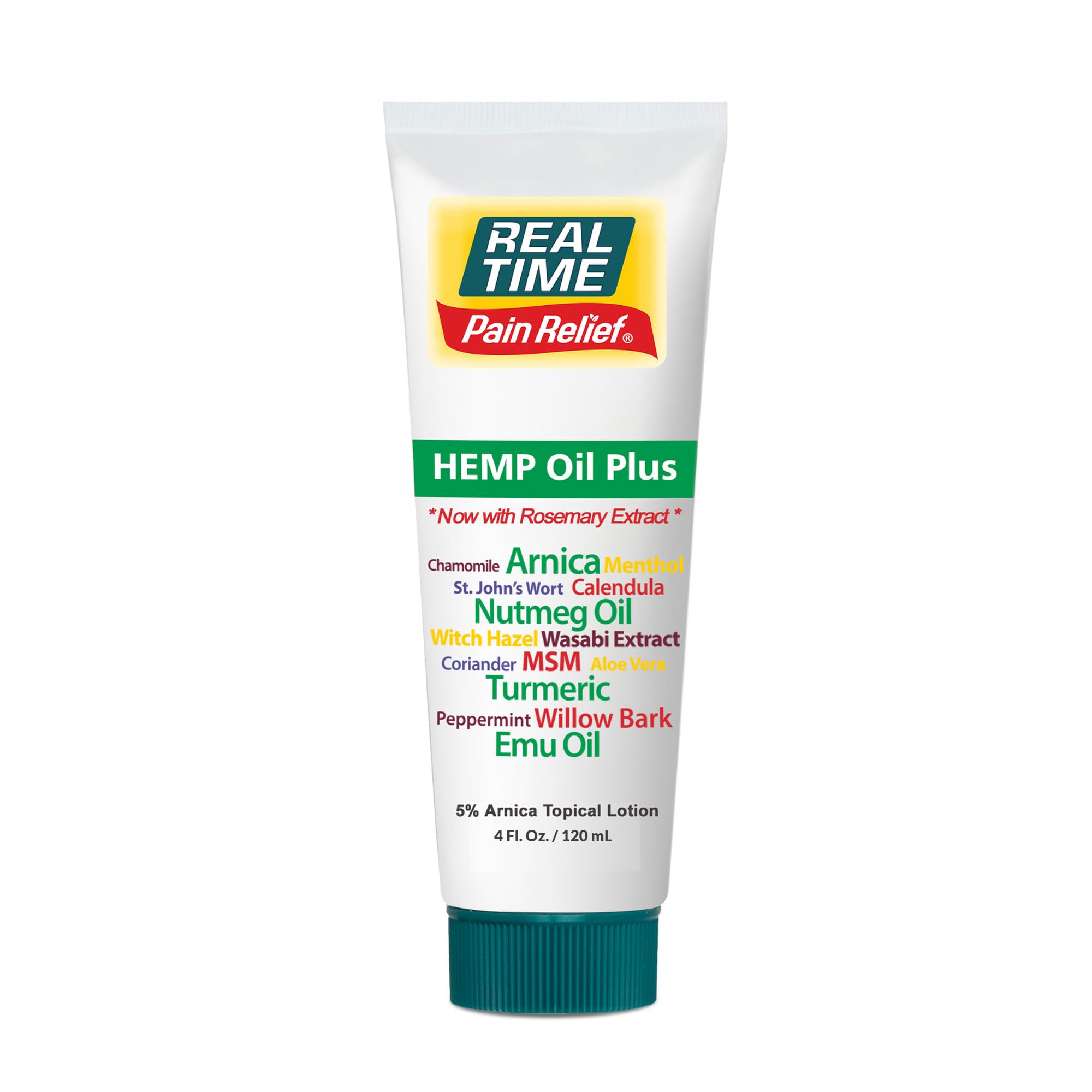 Real Time Pain Relief Hemp Oil Plus 4oz Tube | 20 Natural Ingredients: 5% Arnica & Turmeric | Fast Absorbing Lotion for Muscles, Hands, Feet, Ankles, Back, Shoulders, Knees & Joints Discomfort Real Time Pain ReliefAu supplements