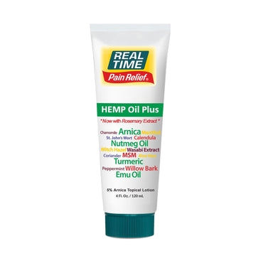 Real Time Pain Relief Hemp Oil Plus 4oz Tube | 20 Natural Ingredients: 5% Arnica & Turmeric | Fast Absorbing Lotion for Muscles, Hands, Feet, Ankles, Back, Shoulders, Knees & Joints Discomfort Real Time Pain ReliefAu supplements