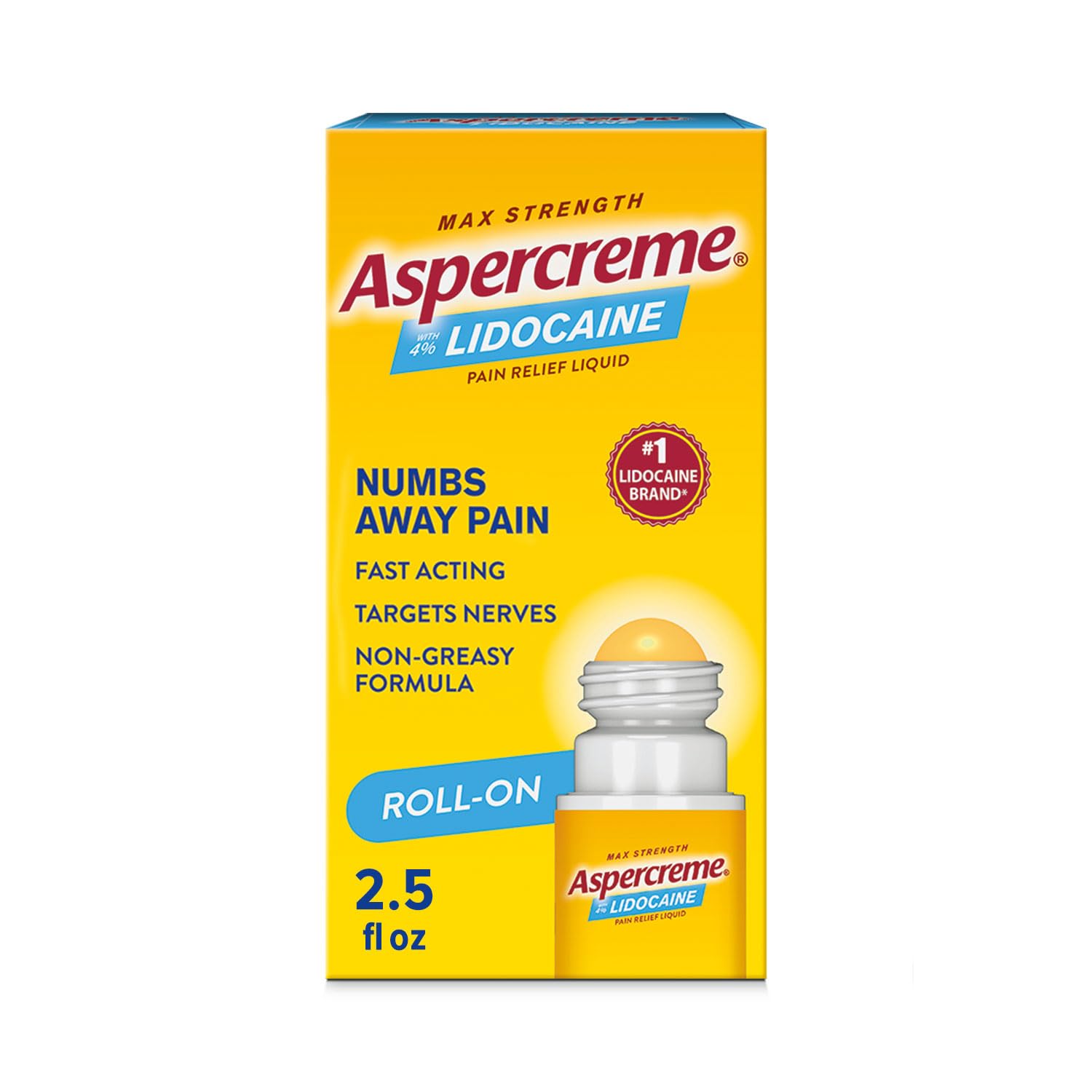 Aspercreme Odor Free Max Strength Lidocaine Pain Relief Liquid with Roll-On No Mess Applicator, 2.5 oz. AspercremeAu supplements