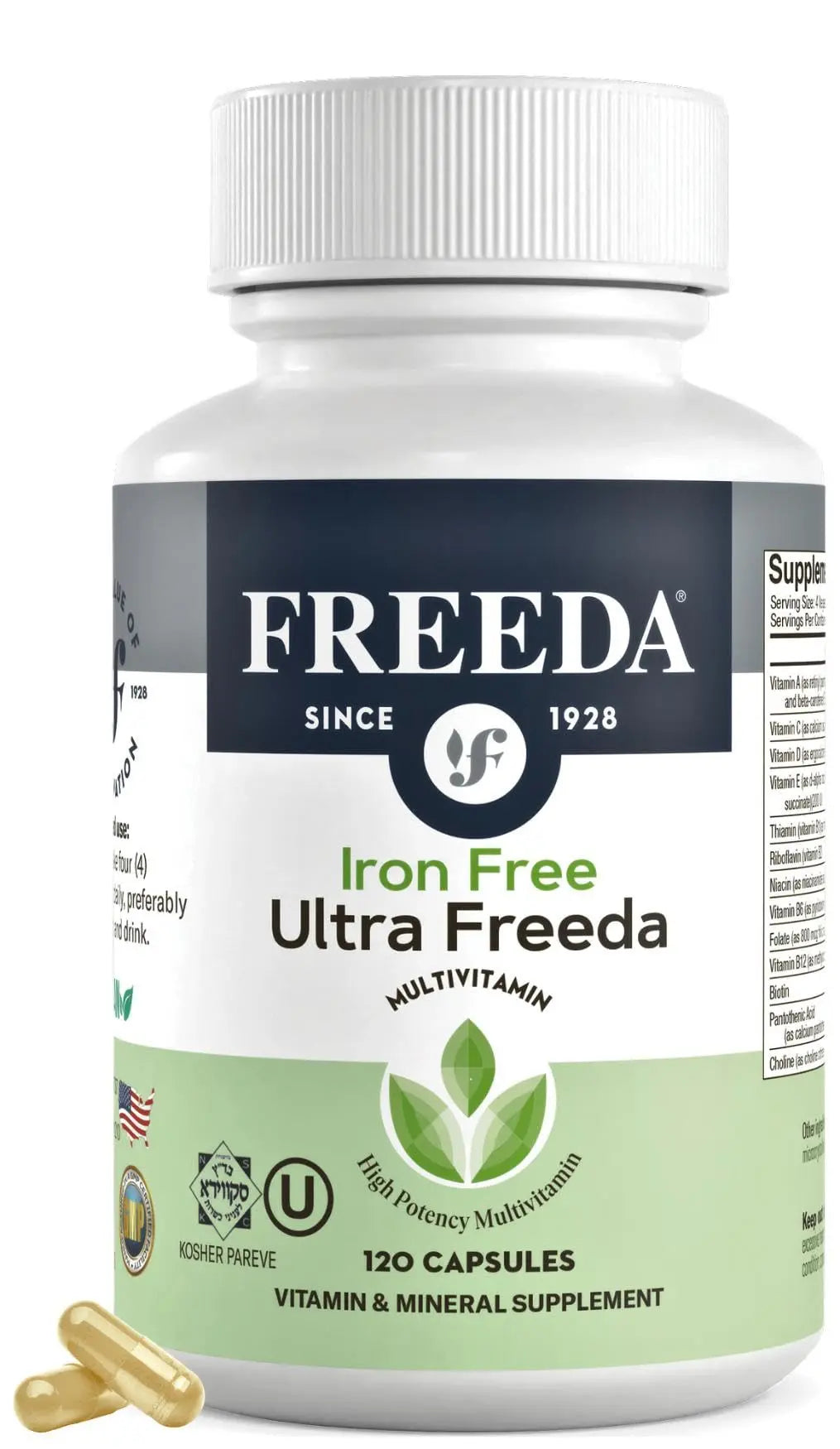 FREEDA Ultra Multivitamin Capsules – High-Potency Daily Supplement for Men & Women – Iron-Free – 120 Count – Kosher Certified FREEDAAu supplements