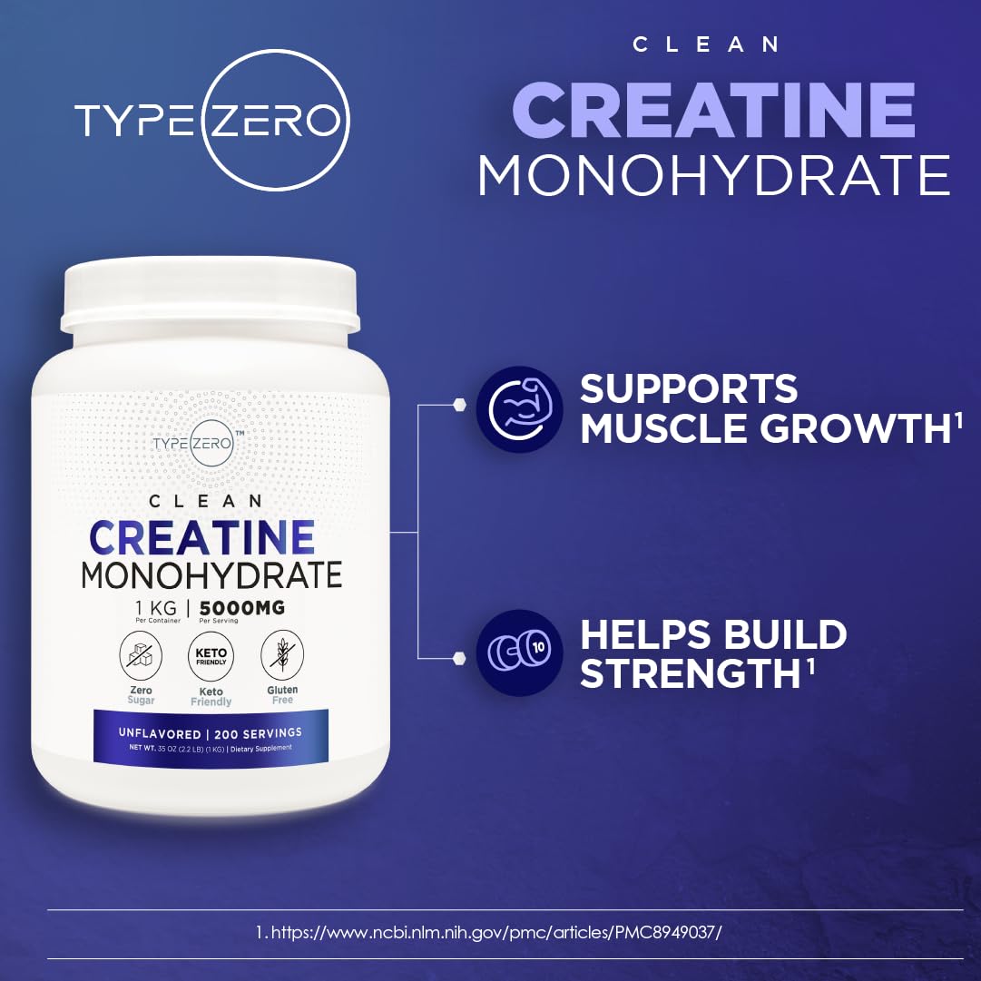 Type Zero Creatine Monohydrate (Unflavored) 1 KG, 5000mg (5g) Per Serving, Micronized, Zero Sugar, Keto Friendly & Gluten Free, 200 Servings Type ZeroUS supplements