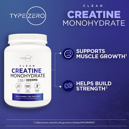 Type Zero Creatine Monohydrate (Unflavored) 1 KG, 5000mg (5g) Per Serving, Micronized, Zero Sugar, Keto Friendly & Gluten Free, 200 Servings Type ZeroUS supplements
