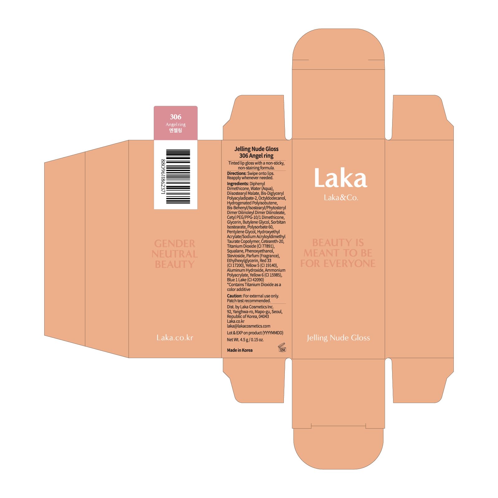 Laka Jelling Nude Gloss, 4.5g/0.15oz, Sheer Hydrating Lip Oil with No Stain, Non-Sticky, Nourishing Gloss for a Glowy Look, K-Beauty (#306 Angelring) LakaAu supplements