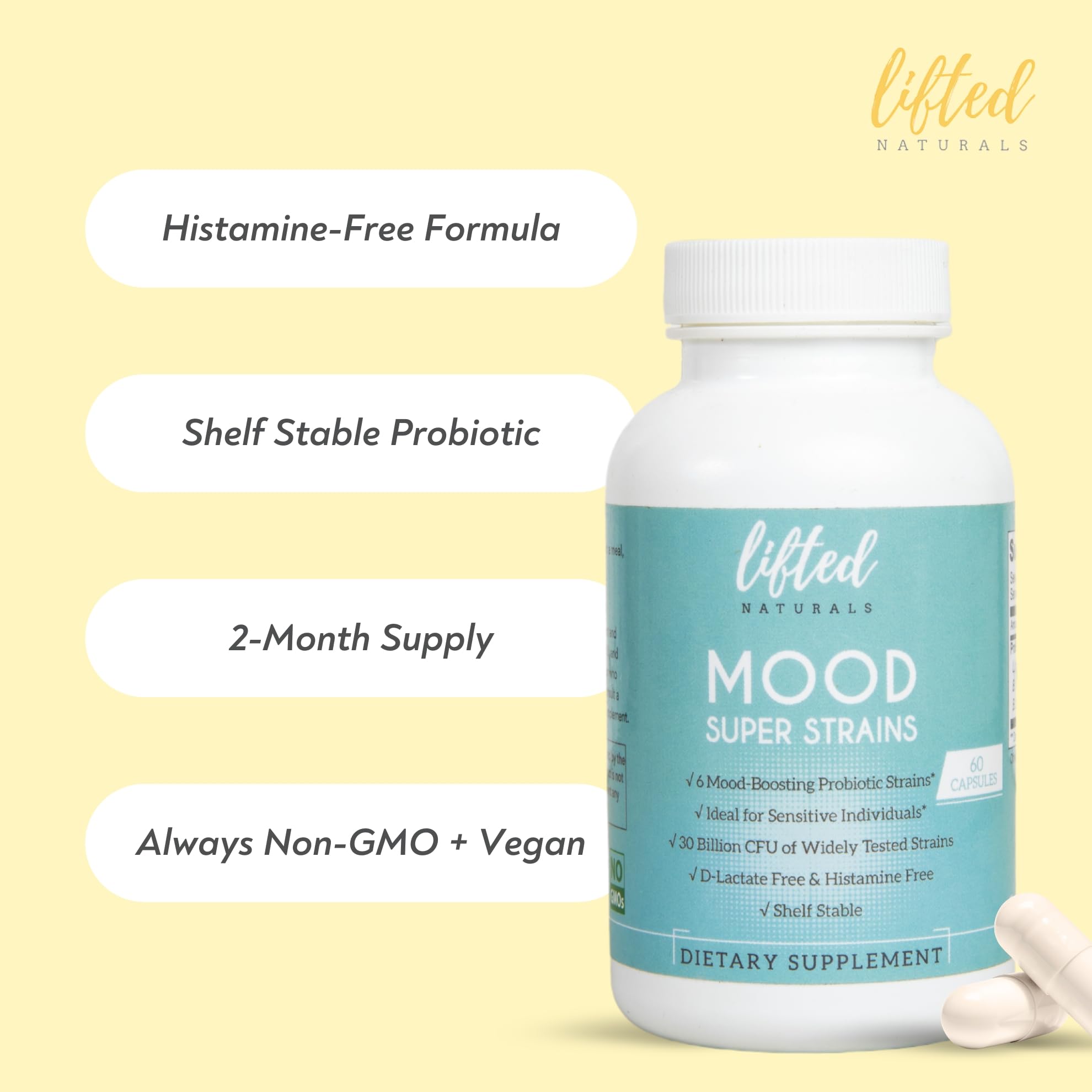 Probiotics - Mood Super Strains Probiotic - Naturally Supports Digestion & Mood - Histamine-Free Probiotics w/ L Rhamnosus GG, Shelf Stable Probiotic Supplement, 60 Day Supply, Non-GMO, VEGAN Lifted NaturalsAu supplements