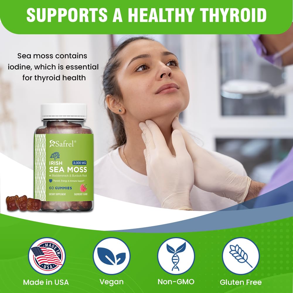 Safrel Irish Sea Moss Gummies 3000mg with Bladderwrack and Burdock Root, Thyroid Energy and Immune Support, Vegan Raspberry Flavor, 60 Gummies SafrelAu supplements