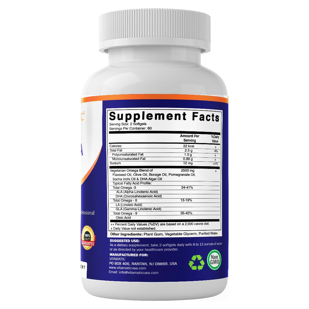 Vitamatic Vegan Omega 3-6-9 Complex 1250mg | Flaxseed, Olive, Borage & Algae Oils | Plant-Based Omegas | 120 Softgels VitamaticAu supplements