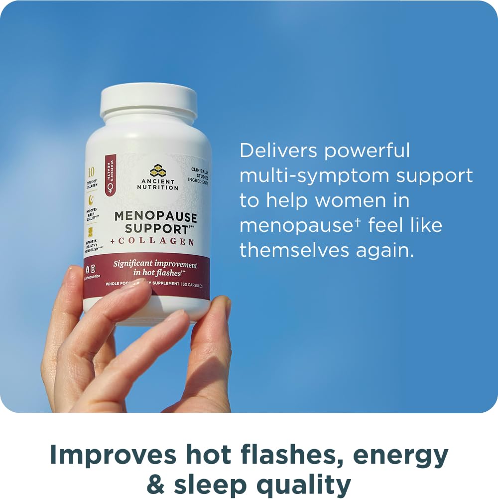 Ancient Nutrition Menopause Support + Collagen Supplement, Hydrolyzed Collagen Peptides, Key Clinically Validated Superfoods, Significant Improvement in Hot Flashes and Sleep Quality, 60 Capsules Ancient NutritionAu supplements
