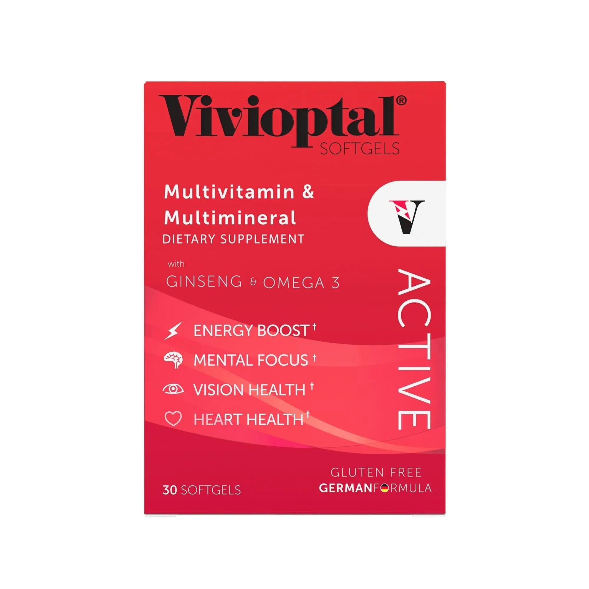 Vivioptal Active, 30 Softgels, Ginseng & Omega 3, Multivitamin & Multimineral, Gluten Free, German Formula Vivioptal VitaminsAu supplements