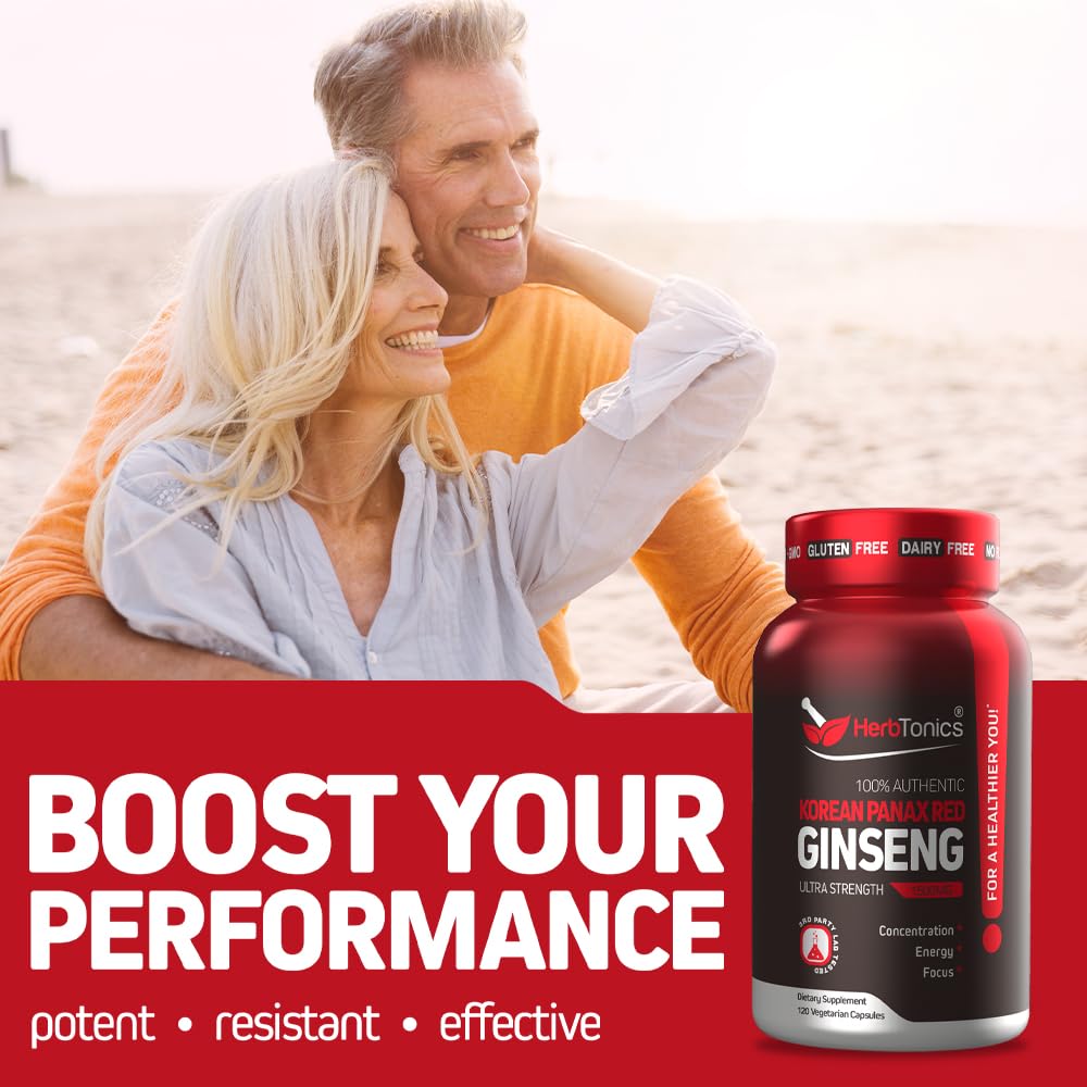 Herbtonics Korean Red Panax Ginseng 1500mg - Energy Supplement for Peak Performance, Focus & Vitality - High Potency Ginseng Root Extract - 240 Vegan Capsules HerbtonicsAu supplements