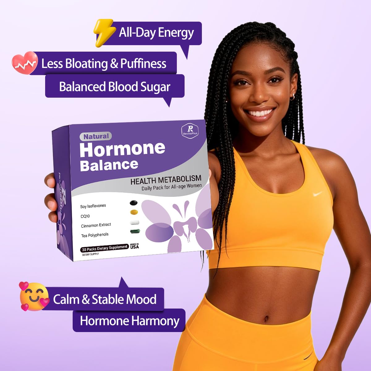 Natural Hormone Balance for Women, Menopause Supplements for Women with Evening Primrose Oil,CoQ10,Soy Isoflavones, Daily Pack Supports Peri+Menopause+Post, PMS,Metabolism,Mood,Energy 30Packs RevitaPlusAu supplements