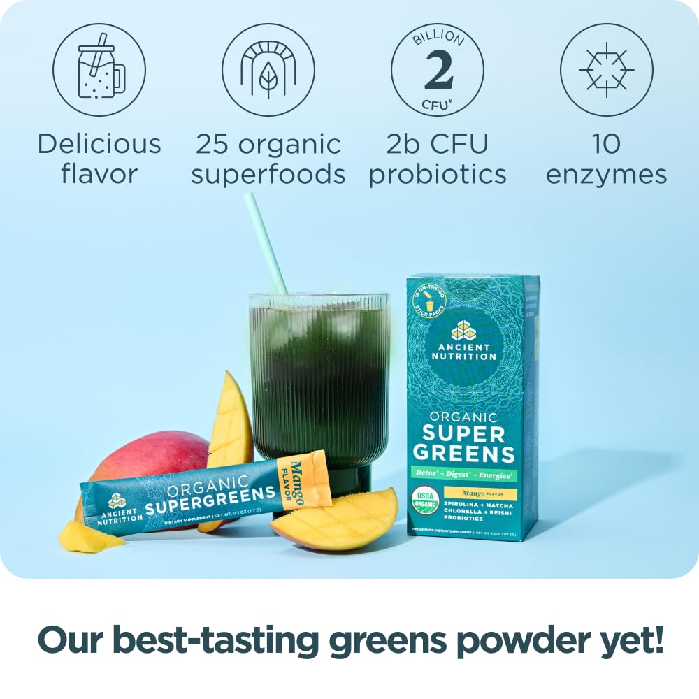 Ancient Nutrition SuperGreens Powder with Probiotics, Organic Mango Flavor Greens, Made from Real Fruits, Vegetables and Herbs, Digestive and Energy Support, 16 Stick Packs, 4.3oz Ancient NutritionAu supplements