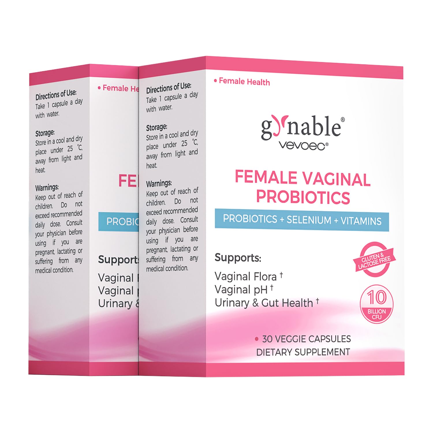 Gynable Vaginal Probiotics for Women Odor & Itch Support, Urinary | pH Balance, Female Probiotics 10 Billion CFU Lactobacillus Probiotics Blend,Selenium-Vitamin C/E/D3 Promote Immune Health,60 Count VevoecAu supplements