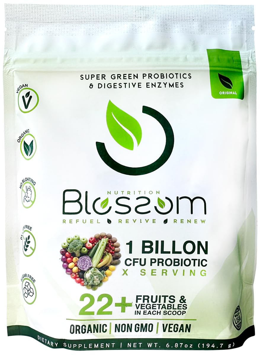Blossom SuperGreens Probiotics – Digestive Enzymes with Pre/ProBiotics for Bloating Relief – 30+ SuperGreens & SuperReds to Boost Energy –Organic, Gluten-Free, No Fiber, 0g Sugar (Lemon Citrus) BRANIAAu supplements