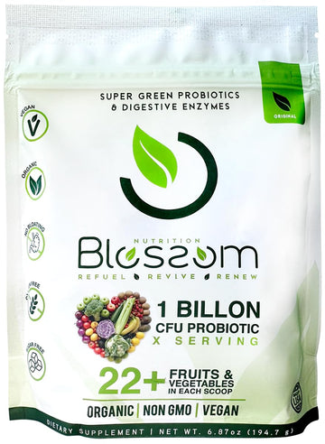 Blossom SuperGreens Probiotics – Digestive Enzymes with Pre/ProBiotics for Bloating Relief – 30+ SuperGreens & SuperReds to Boost Energy –Organic, Gluten-Free, No Fiber, 0g Sugar (Lemon Citrus) BRANIAAu supplements