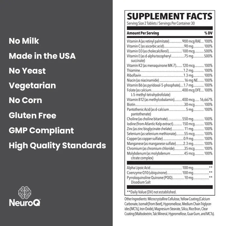 NeuroQ Daily Essentials Multivitamin – High‑Potency Brain & Body Support with Choline 550 mg, PQQ, CoQ10, Alpha Lipoic Acid LifeSeasonsAu supplements