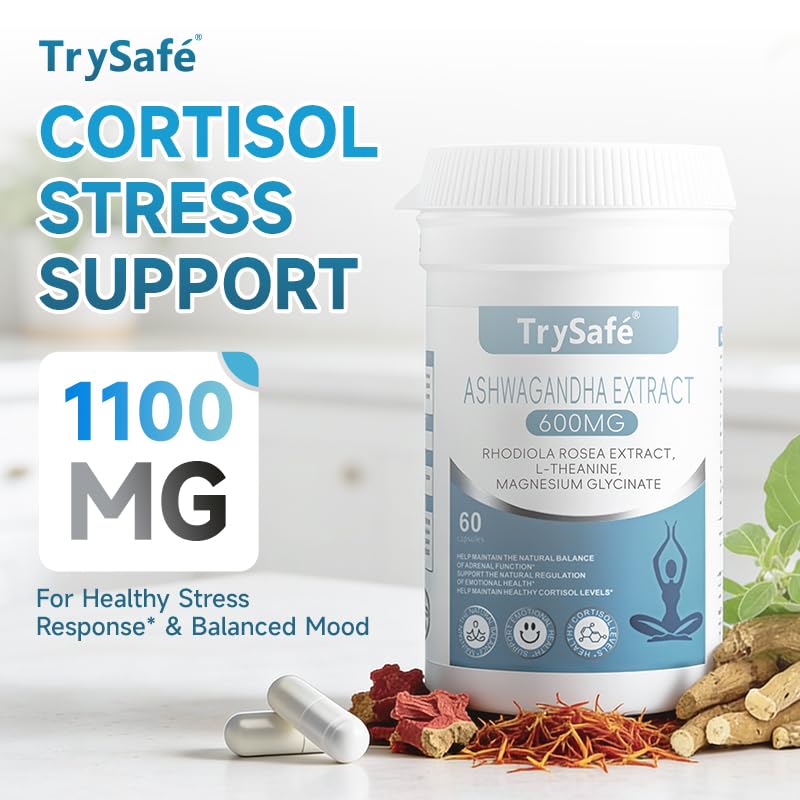 TrySafe 1100MG Cortisol Supplements for Women and Man with 600MG Ashwagandha, 200MG Rhodiola Rosea, 200MG L-Theanine, 100MG Magnesium Glycinate | for Healthy Stress Response*, Mood* TrySafeAu supplements
