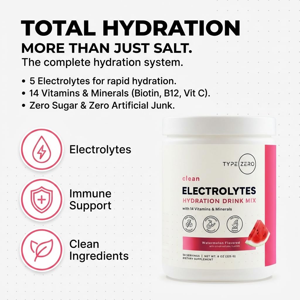 Type Zero Clean Electrolytes Hydration Powder Drink Mix + 14 Essential Vitamins & Minerals - Sugar Free, Zero Artificial Ingredients - Watermelon Flavor, 50 Servings Type ZeroUS supplements