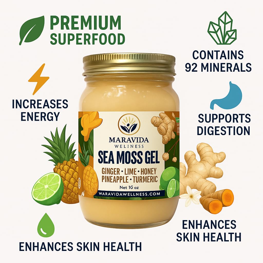 Maravida Wellness Sea Moss Gel – Pineapple, Lime, Honey, Ginger & Turmeric – 100% Natural Raw Organic Irish Moss – 16oz Jar – Premium Superfood for Everyday Wellness Maravida WellnessAu supplements