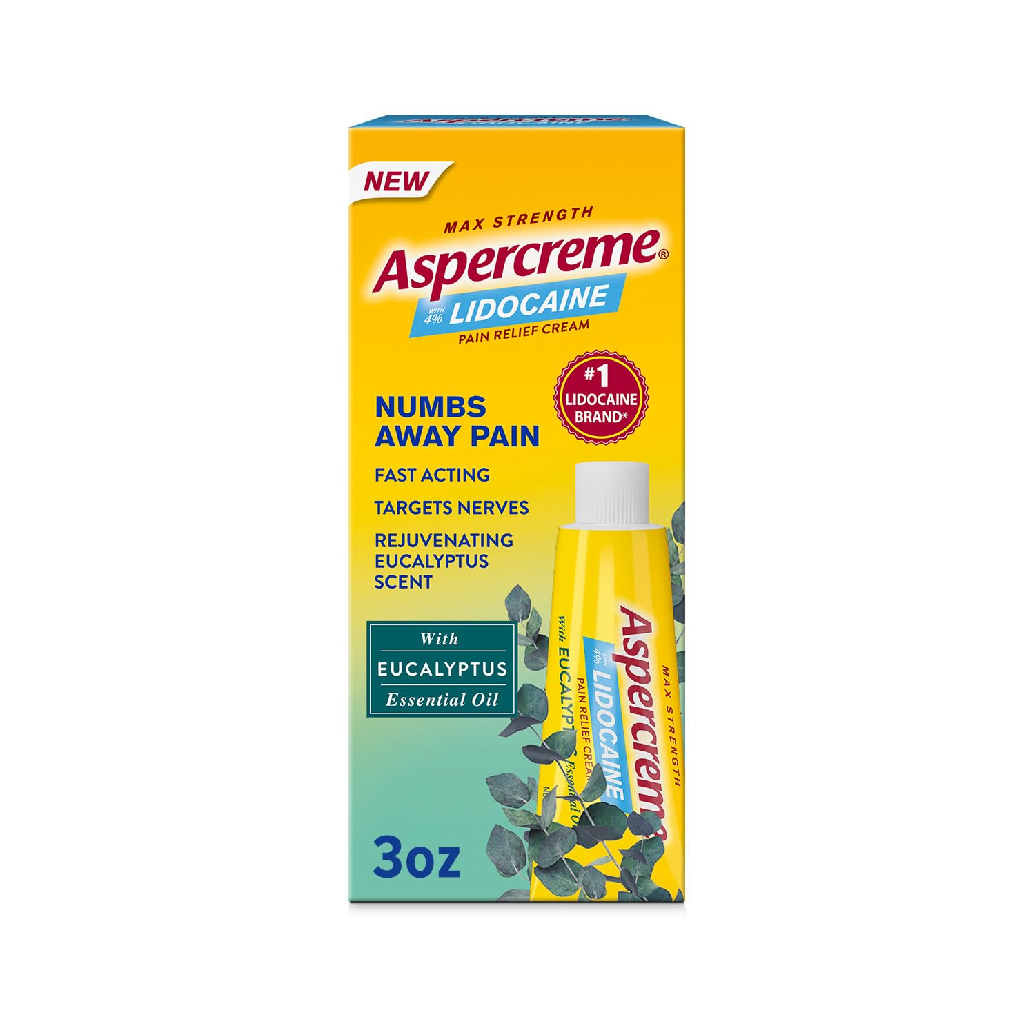 Aspercreme Essential Oils Lidocaine Pain Relief Cream, Max-Strength Lidocaine Numbs Away Nerve Pain, Moisturizing Aloe Hydrates Skin, Eucalyptus, 3 Oz. AspercremeAu supplements