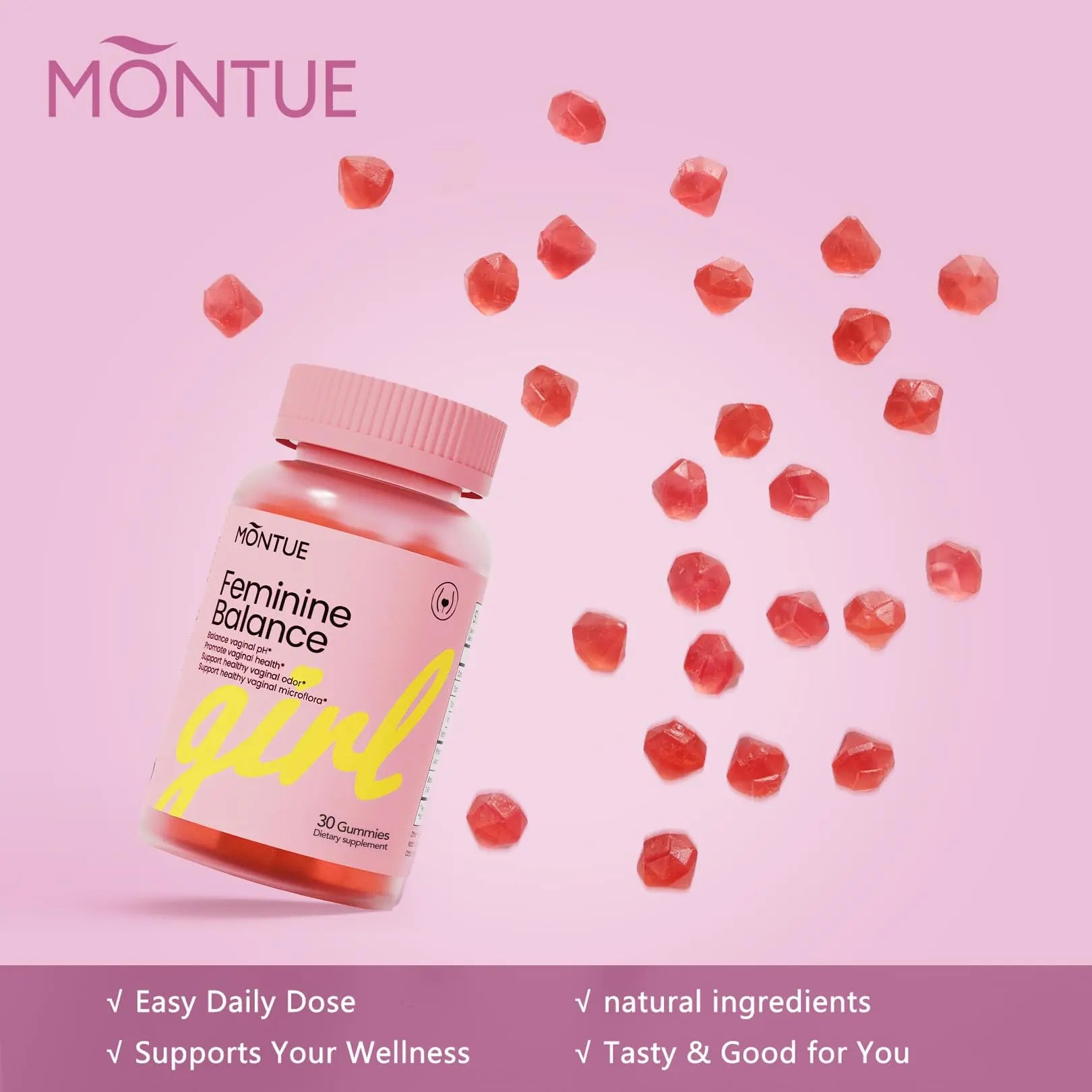 Montue Premium Diamond Feminine Balance Gummies-pH Balance with Prebiotics & Lactobacillus Probiotic Blend&Hawaiian Pineapple Immune Support,Vegan& Non-GMO（30 Gummies） MontueAu supplements