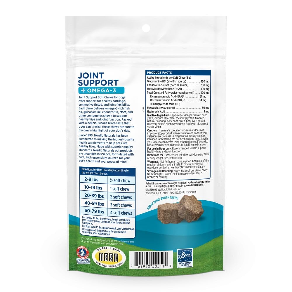 Nordic Naturals Pet Joint Support + Omega 3 Soft Chews for Dogs, Pork Bone Broth Flavored - Promotes Mobility, Hip and Joint Support with Omega-3 Fish Oil, MSM, EPA & DHA - 30 Non-GMO Chews Nordic NaturalsAu supplements