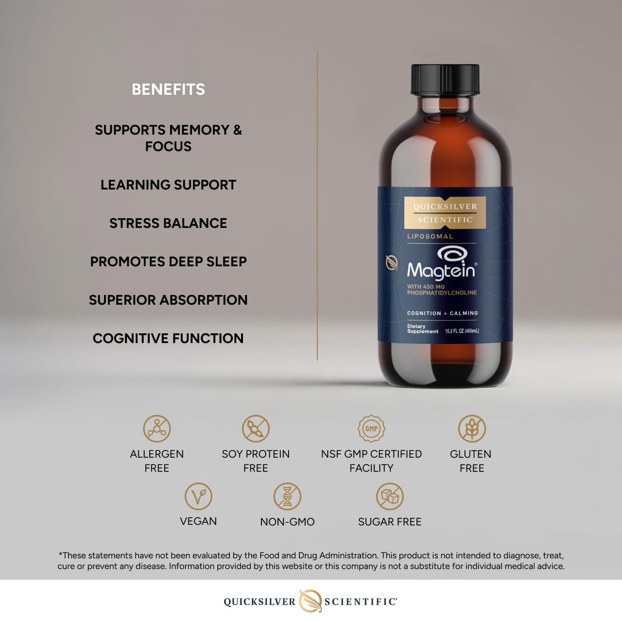 Quicksilver Scientific Liposomal Magtein - Magnesium Supplement for Brain Function Support - Stress, Sleep & Memory Support - Gluten-Free, Sugar-Free & Vegan - 15.2 fl oz (30 Servings) Quicksilver ScientificUS supplements
