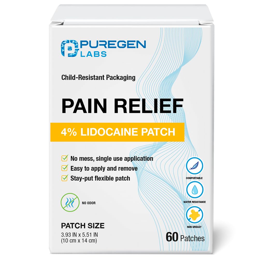 Puregen Labs Lidocaine 4% Numbing Patch - Total 60 Patches Maximum Strength | Fast Acting Temporary Relief of Aches | Back, Neck, Shoulders, Elbows and Knees P Puregen LabsAu supplements