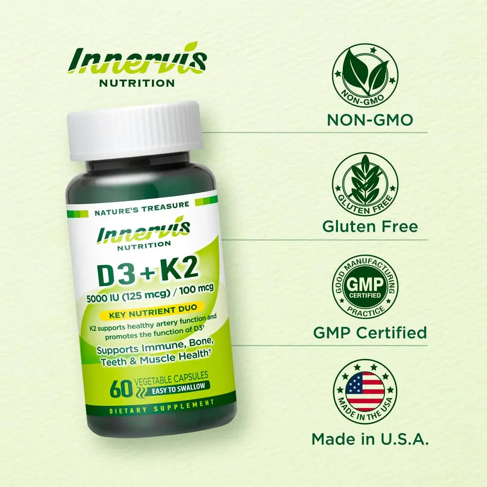 INNERVISNUTRITION Vitamin D3 5000 IU + K2 MK-7 100mcg – Bone, Heart & Immune Support, Easy to Swallow, 60 Capsules INNERVISNUTRITIONAu supplements