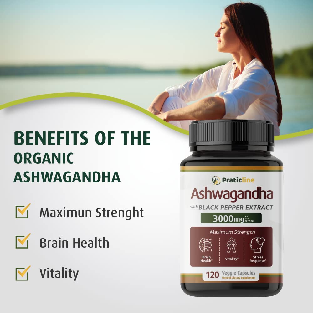 PRATIC LINE Ashwagandha Capsules 3,000 mg - 120 Vegan Cap Made with Organic PRATIC LINEUS supplements